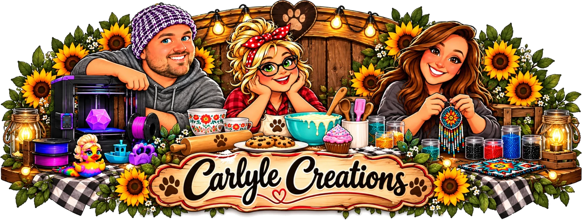 The Carlyle Creations crew with 3D printing, baking and beadwork surrounded by sunflowers